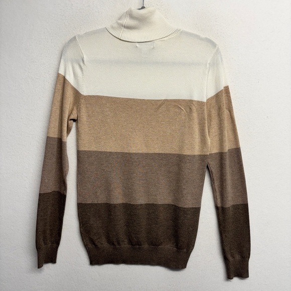 Calvin Klein Nude Tan Brown Cream Turtleneck Sweater Striped Color Block S - Picture 2 of 7